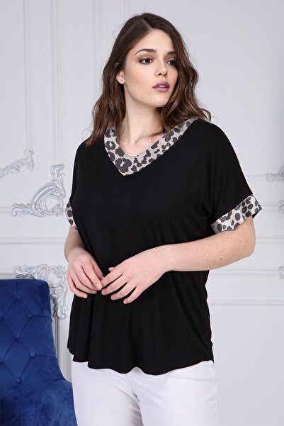 Gül Moda Γυναικεία Μαύρη Plus Size κοντομάνικη μπλούζα G058-2