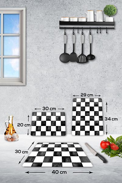 Decorita Set of 3 Checkered Pattern| Glass Cutting Board - Glass Cutting Table