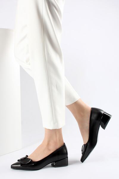 FORS SHOES Siyah Cilt Fiyonklu Klasik Kadın Ayakkabı Kısa Topuk 3.5 Cm