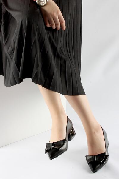 FORS SHOES Siyah Cilt Fiyonklu Klasik Kadın Ayakkabı Kısa Topuk 3.5 Cm