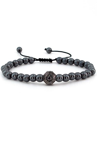 Solfera Men's Octagonal Zircon Hematite Natural Stone Macrame Bracelet J0053