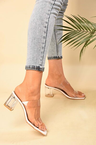 Shoeberry Dámské bílé transparentní pantofle na páskovém podpatku