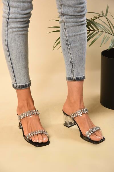 Shoeberry Dámské černé transparentní pantofle na podpatku s kamínkovým páskem