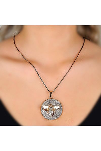 QUEEN AKSESUAR Gold Black Thin Chain Crystal Stone Moving Bee Steel Necklace Round