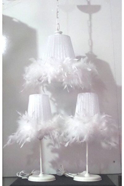 TEKAY AYDINLATMA Beyaz 3lü Yatak Odası Tüylü Avize Abajur Seti