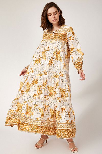 Bigdart Senffarbenes, floral gemustertes Viskose-Damenkleid – Robe und geraffte Ärmel