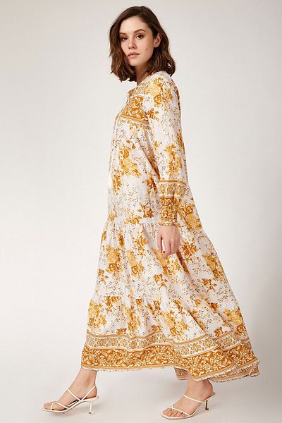 Bigdart Senffarbenes, floral gemustertes Viskose-Damenkleid – Robe und geraffte Ärmel