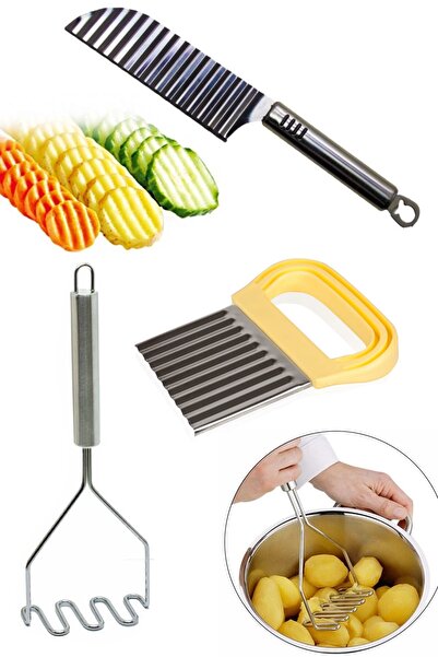Trouvaille Şekilli Patates Bıçağı + Metal Patates Ezici + Meyve Sebze Doğrama Dilimleme Cips Bıçağı