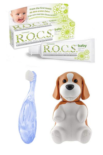 R.O.C.S. مجموعة العناية بالفم الكاملة للأطفال - معجون أسنان، فرشاة أسنان، زعنفة وحاوية تخزين