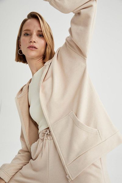 DeFacto Beige Relax Fit Women's Sweat Cardigan with Hood and Kangaroo Pocket - T7118Az21Sp