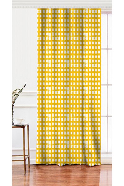 Realhomes Tek Kanat Sarı Zeminde Geometrik Kare Motifli Dijital Baskılı Fon P...