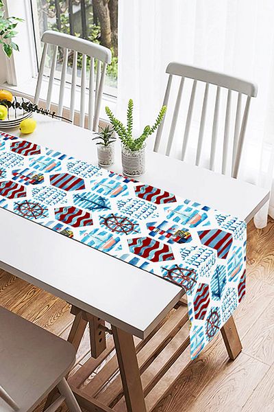 Realhomes Claret Red Blue Sailor Motif Digital Printed Suede Runner