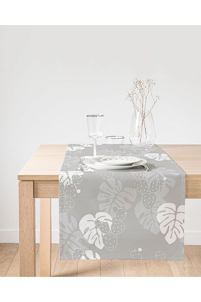 Realhomes Ψηφιακή τυπωμένη ειδική σχεδίαση Suede Runner με μοτίβο λευκών φύλλων σε γκρι φόντο