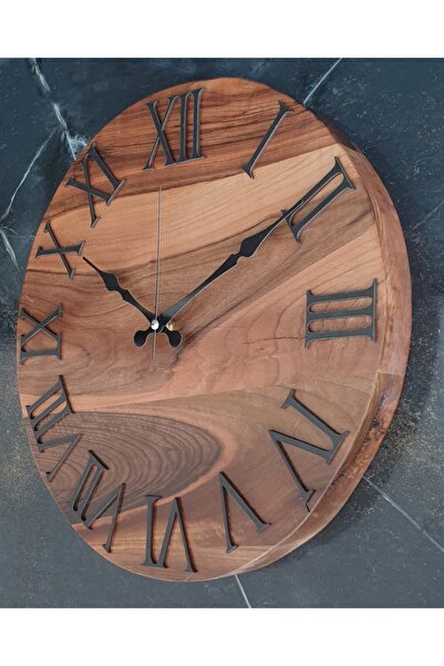 Markakanvas Doğal Ahşap Masif Ceviz Ağacı Duvar Saati Siyah Renkli Çap 40 Cm