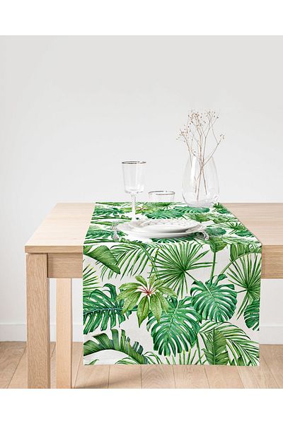 Realhomes Ψηφιακή τυπωμένη ειδική σχεδίαση Suede Runner με μοτίβο πράσινων φύλλων σε λευκό φόντο