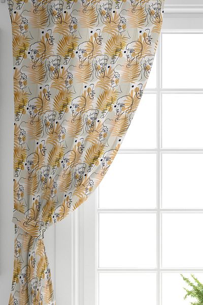 Realhomes Antique Greek God Patterned Digital Printed Background Curtain on Double Wing Tropical Gold Leaves