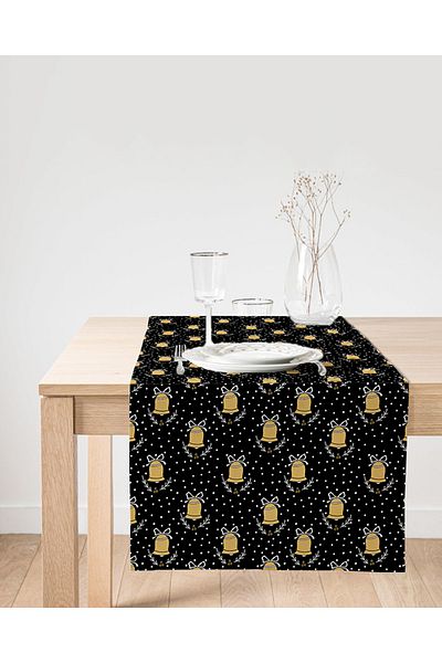 Realhomes Runner din piele intoarsa cu design special imprimat digital cu model clopot de culoare aurie pe fundal negru