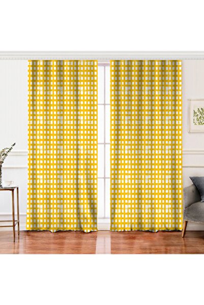 Realhomes Çift Kanat Sarı Zeminde Geometrik Kare Motifli Dijital Baskılı Fon ...