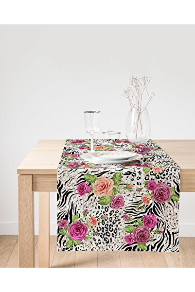 Realhomes Leopar Gül Motifli Dekoratif Süet Runner
