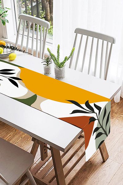 Realhomes Alergăr din piele de căprioară cu design special imprimat digital, cu fundal colorat și model de frunze cu desen Onedraw
