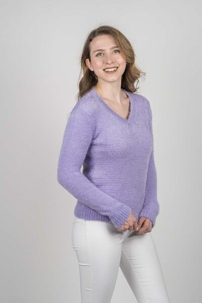 Yosun triko Kadın Mor V Yaka Yumuşak Dokulu Triko Kazak