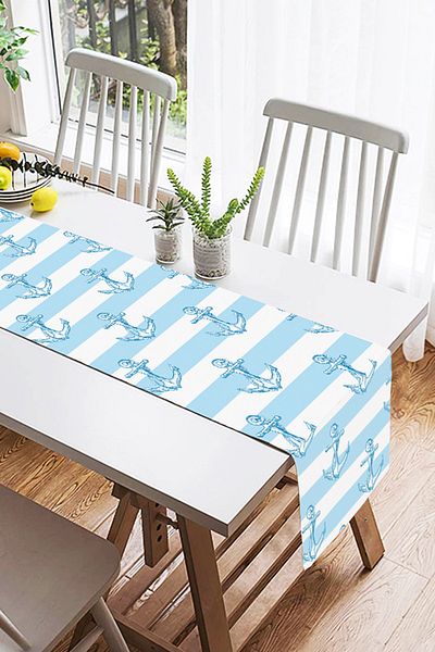 Realhomes Blue White Sailor Digital Printed Suede Runner