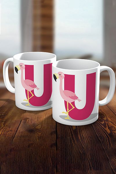 Biz Dijital U Letter Printed Pink Flamingo Gift Mug Cup