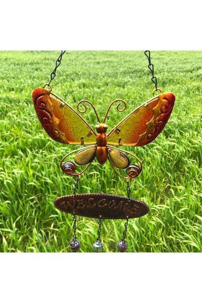 ArtemisSeramik Ferforje Renkli Zil Turuncu Kelebek Hoşgeldiniz Rüzgar Çanı Ba...