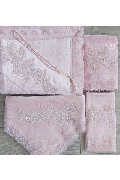 Lamazihome Powder Velvet French Laced Prayer Rug Set 5 Pieces