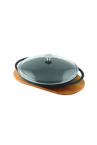 Lava Cast Iron Sheet Roasting Pan 28 Cm Double Metal Handle Pan with Wooden Base and Glass Lid