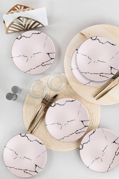 Keramika Beyaz Mermer Desenli Pasta Tabağı 20 Cm 6 Adet