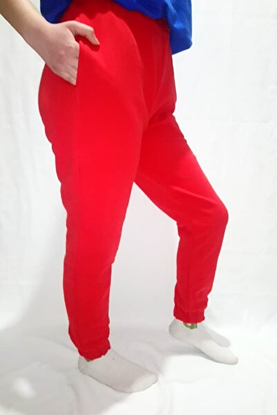 Modoo Tekstil Дамски червени панталони с еластична талия и крачоли