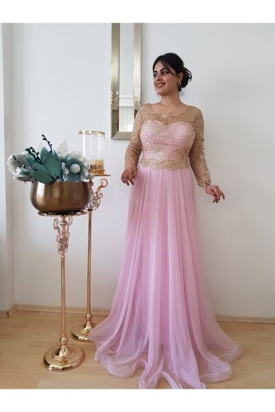 FERGAN Kadın Pembe Gold Işleme Prensen Model Abiye Elbise