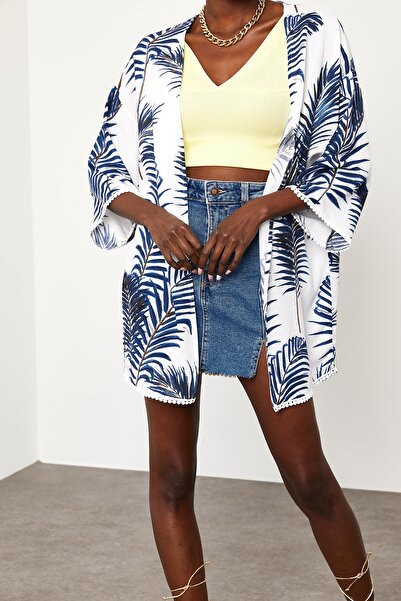 XHAN Kimono pentru femei cu mâneci albe și albastre cu dantelă cu model de palmier 1KZK4-11529-82