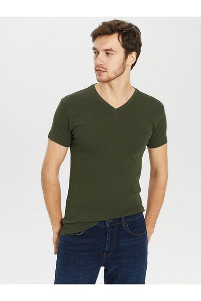 LC Waikiki Men's Khaki T-shirt V-neck Short Sleeve Cotton Basic from Your Fashion Style