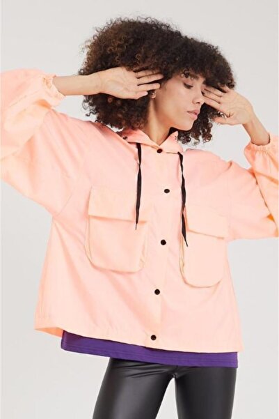 VOLT CLOTHİNG Γυναικείο πορτοκαλί αδιάβροχο με κουκούλα και τσέπες