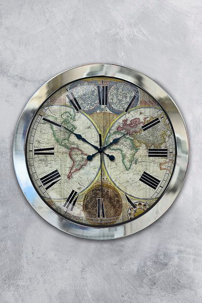 Kasva Concept Gift 36 cm Chrome Metal Map Wall Clock