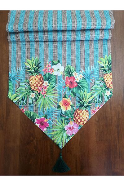 Alize Home Runner cu ciucuri de ananas cu dungi albastre pe podea de iută