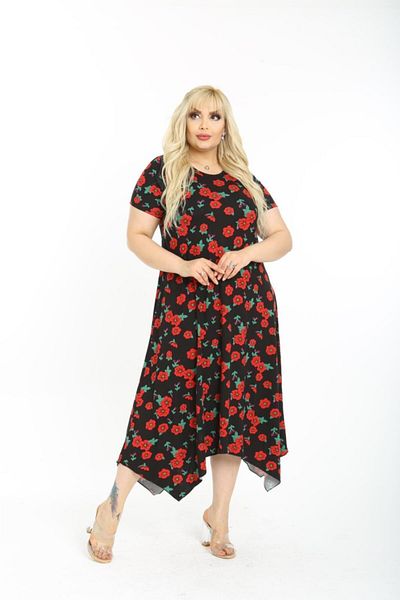Mezura Plus Size Women's Relaxed Cut Patterned Short Sleeve Asymmetrical Viscose Combed Cotton Dress
