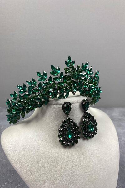 FdayAksesuar Set de coroană de mireasă și cercei cu pietre prețioase Green As...