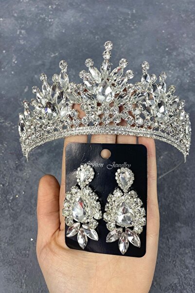 FdayAksesuar Set de coroană de mireasă și cercei cu trei elemente, argintiu, ...