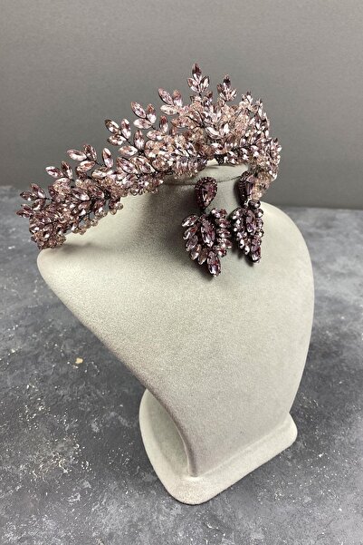 FdayAksesuar Розова диадема за булки с мъниста от хена и комплект фини обици ...