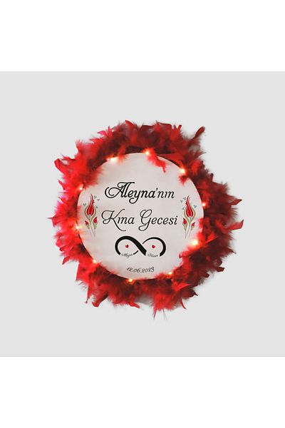 BAKSEPETE Illuminated, Name Printed Henna Tambourine, Bridal Tambourine (32 CM BIG SIZE RED)
