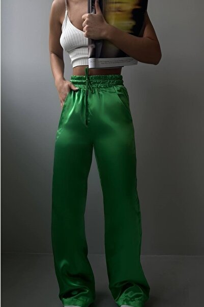 bayansepeti Women's High Waist Wide Leg Pocket Detailed Lace Up Satin Green Trousers 9139