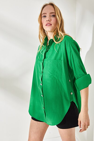 Olalook Women's Grass Green Side Button Detailed Oversize Woven Shirt GML-19001004