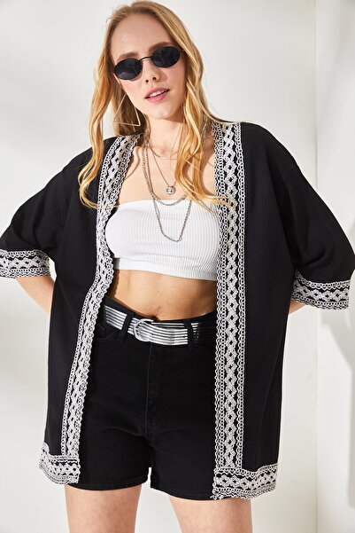 Olalook Dámské kimono Kaftan s černým pruhem a podrobnou texturou KMN-00000055