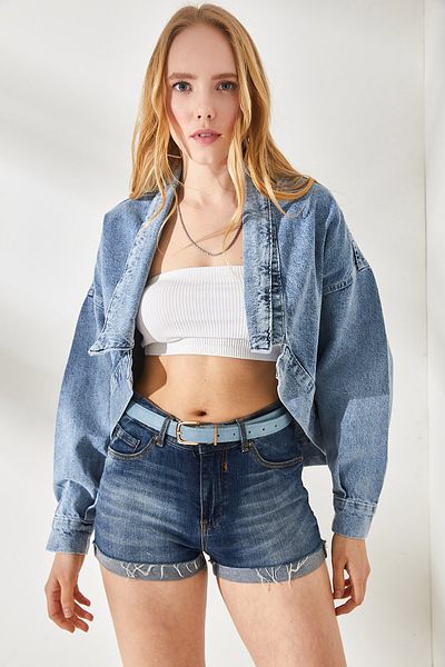 Olalook Women's Light Blue Bolero Oversize Denim Jacket CKT-19000336