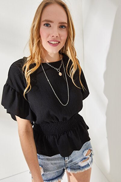 Olalook Γυναικεία μαύρη μπλούζα νυχτερίδα με λάστιχο μέση και μανίκια φουσκωτά BLZ-19002201