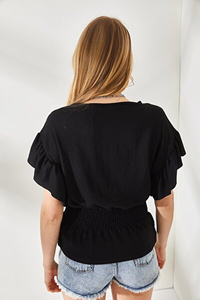 Olalook Γυναικεία μαύρη μπλούζα νυχτερίδα με λάστιχο μέση και μανίκια φουσκωτά BLZ-19002201