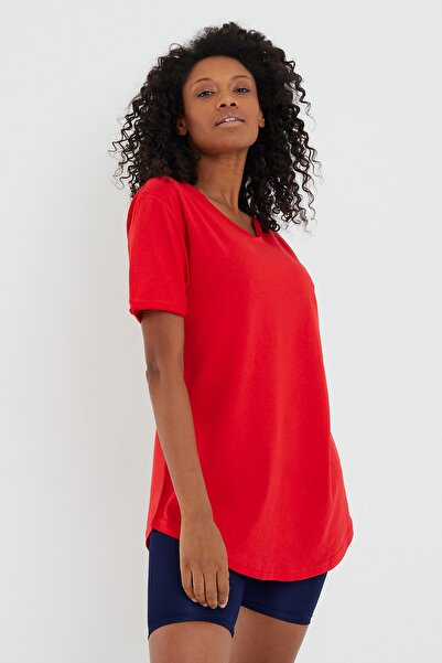 Tarz Cool Women's Red Oval Skirt Wide Collar 100% Cotton Short Sleeve T-Shirt